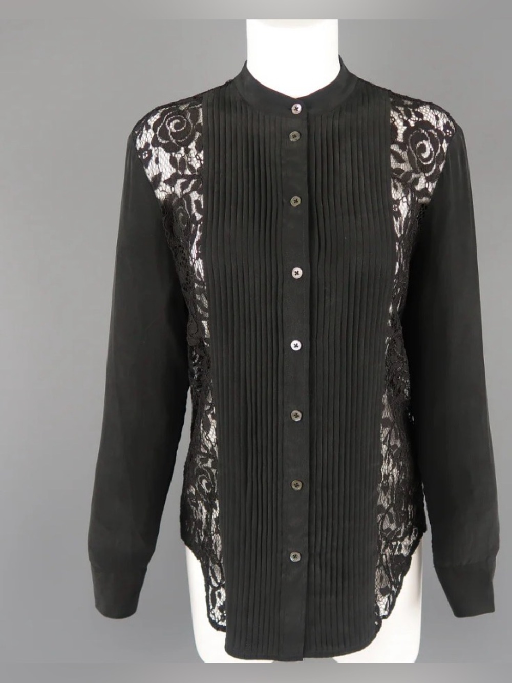 Equipment Black Lace-Panel Pintuck Button-Down Blouse